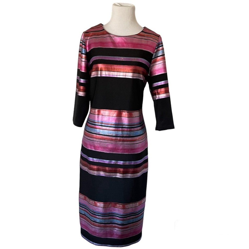 ECI Black Dress with Metallic Pink, Purple and Blue Stripes - Picture 1 of 9